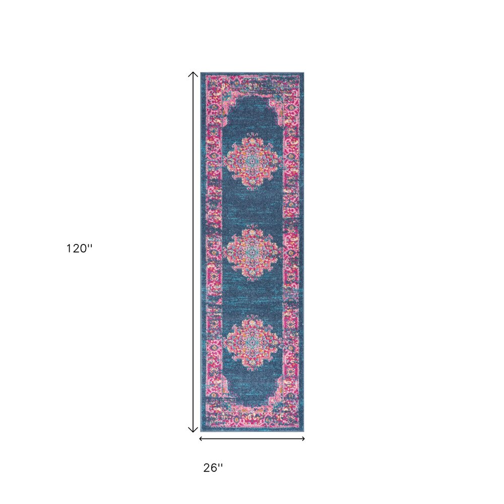 8' Blue And Pink Medallion Distressed Runner Rug