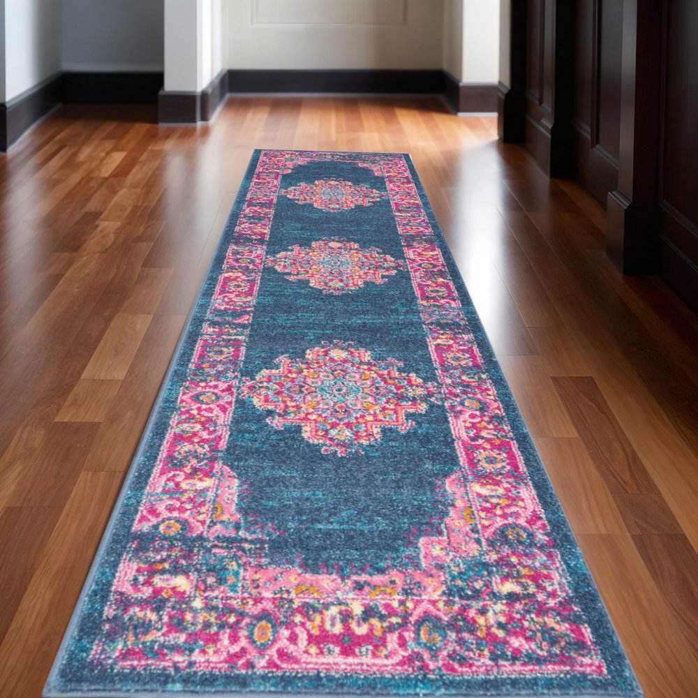 8' Blue And Pink Medallion Distressed Runner Rug