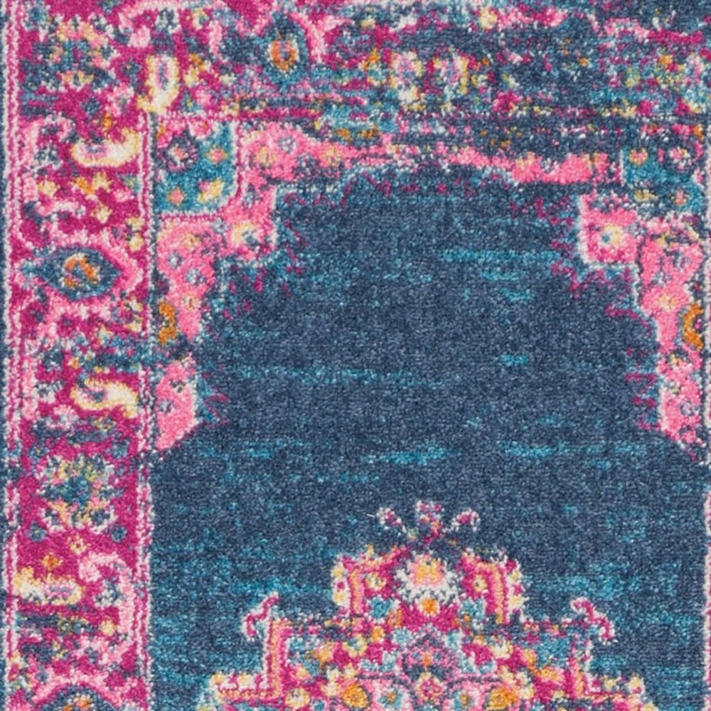 8' Blue And Pink Medallion Distressed Runner Rug