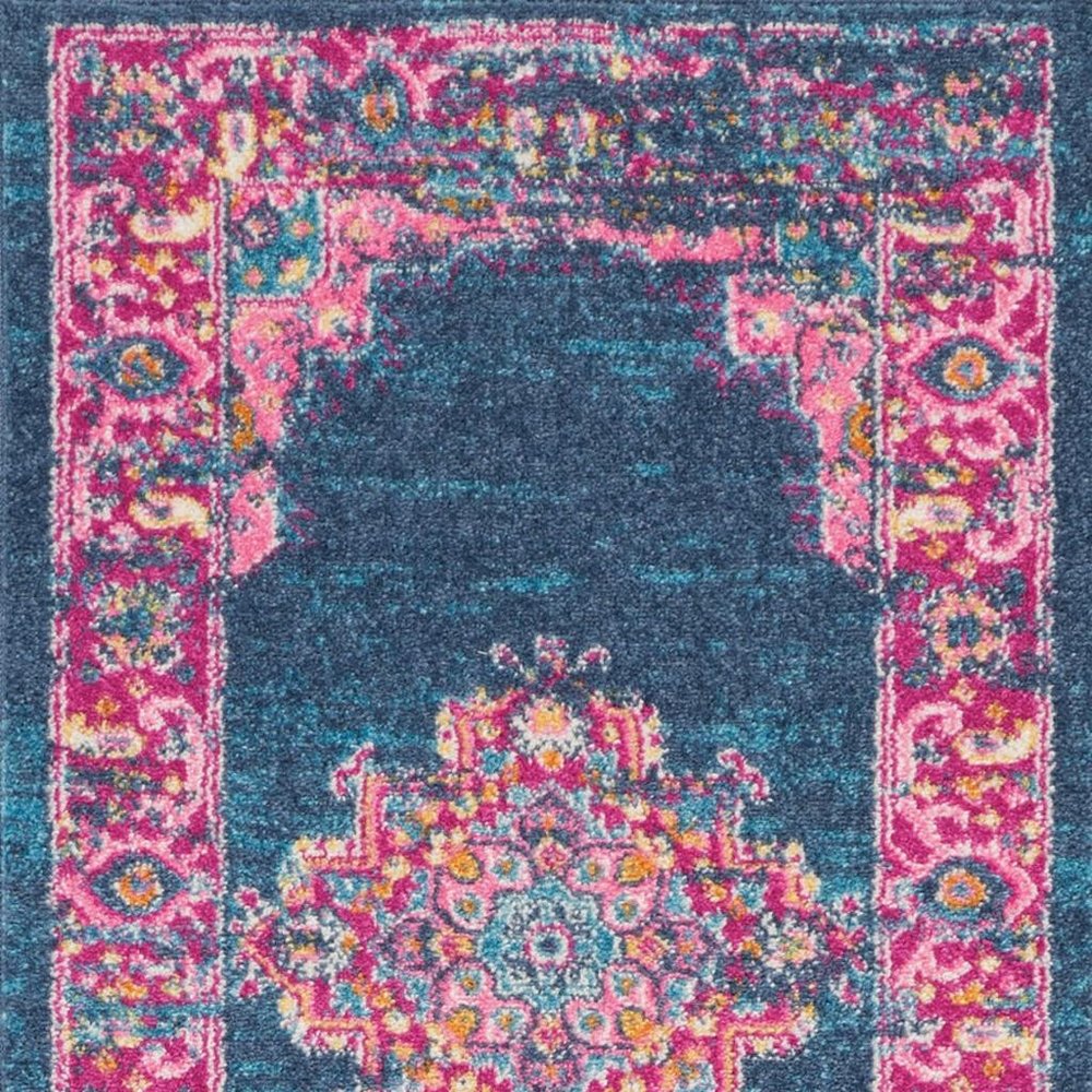 8' Blue And Pink Medallion Distressed Runner Rug
