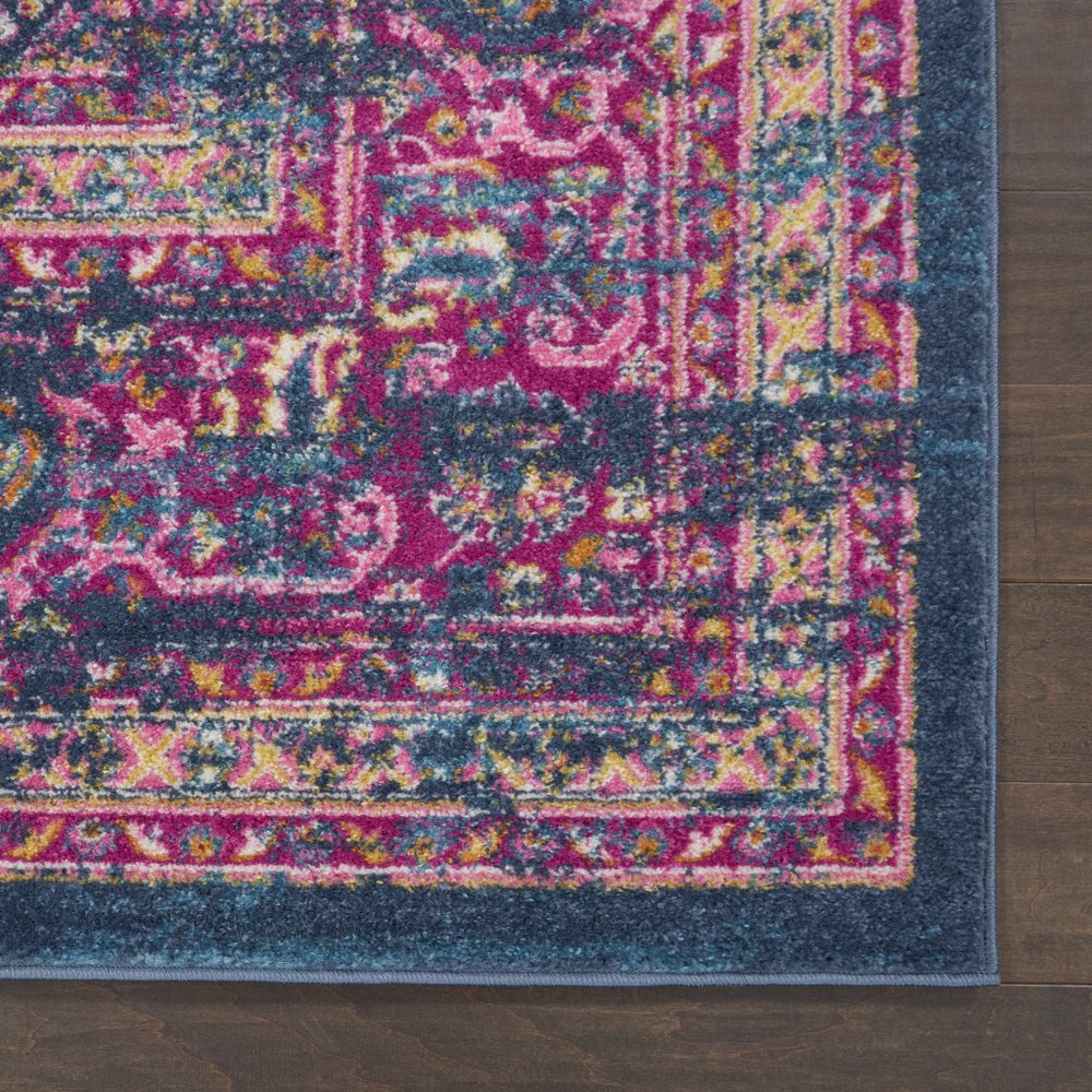 8' Blue And Pink Medallion Distressed Runner Rug