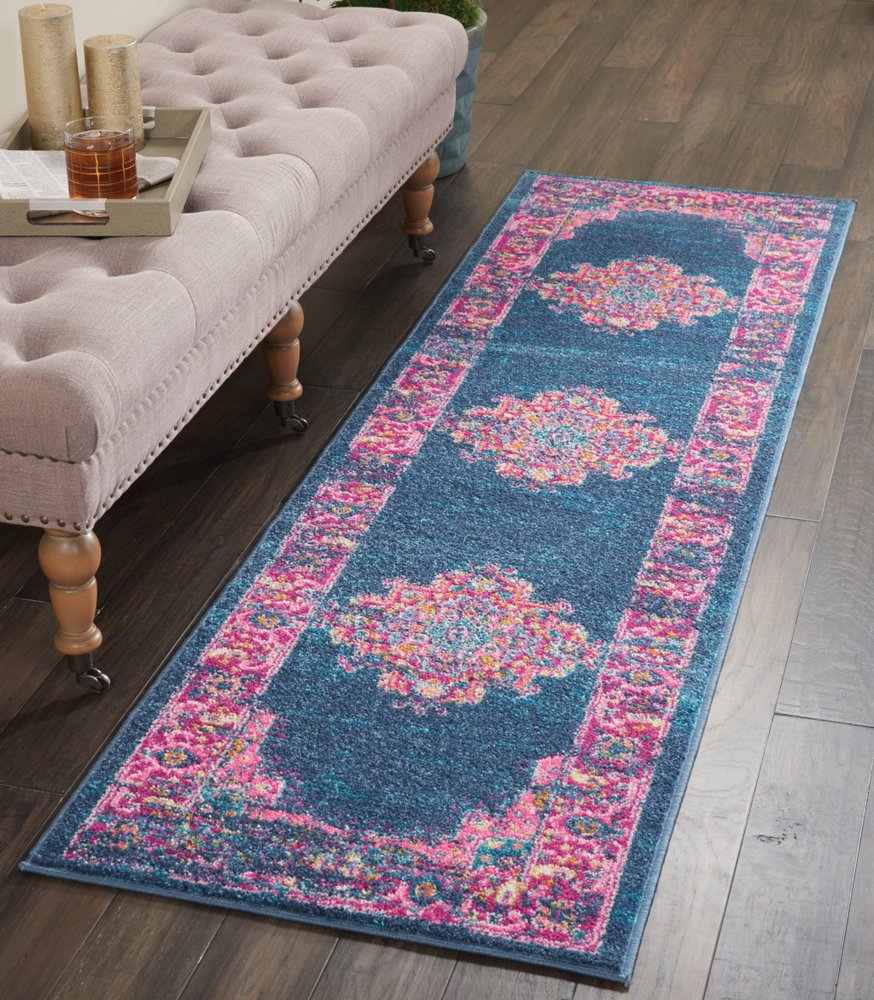 8' Blue And Pink Medallion Distressed Runner Rug