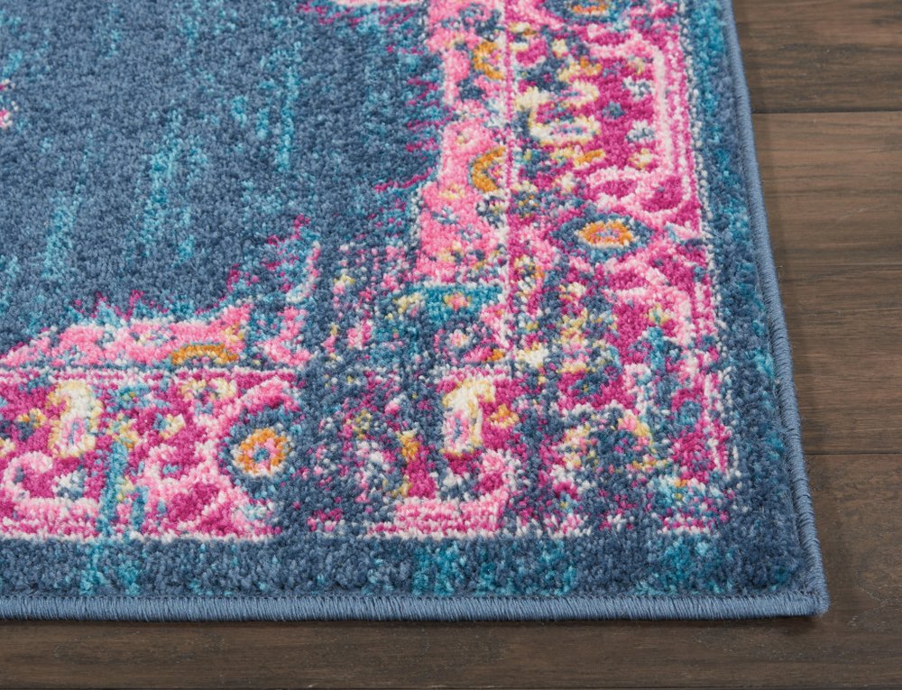 8' Blue And Pink Medallion Distressed Runner Rug