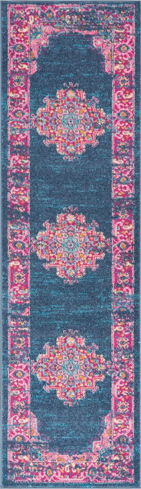 8' Blue And Pink Medallion Distressed Runner Rug