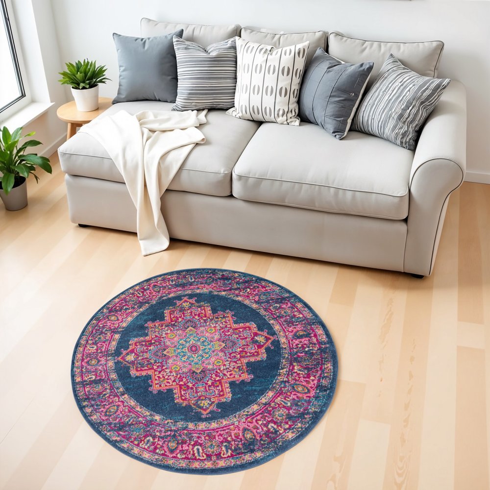 7' X 10' Blue And Pink Medallion Distressed Area Rug