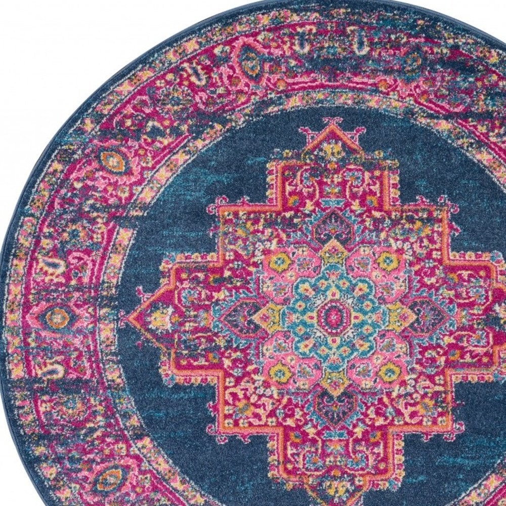 7' X 10' Blue And Pink Medallion Distressed Area Rug