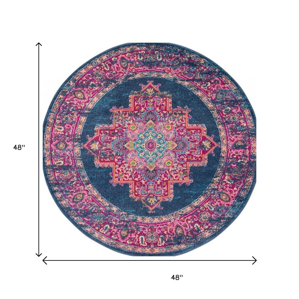 7' X 10' Blue And Pink Medallion Distressed Area Rug