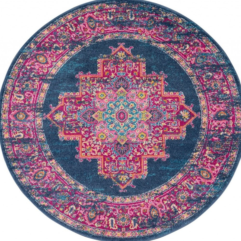 7' X 10' Blue And Pink Medallion Distressed Area Rug