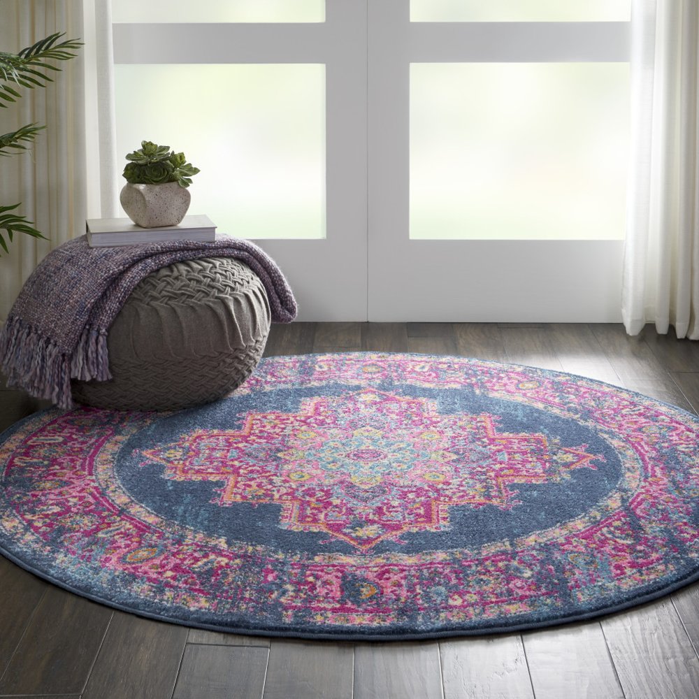 7' X 10' Blue And Pink Medallion Distressed Area Rug