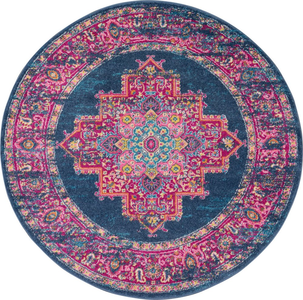 7' X 10' Blue And Pink Medallion Distressed Area Rug