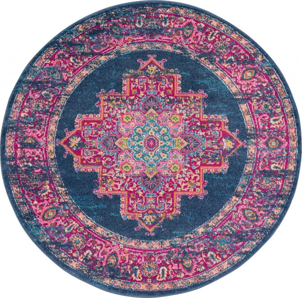 7' X 10' Blue And Pink Medallion Distressed Area Rug