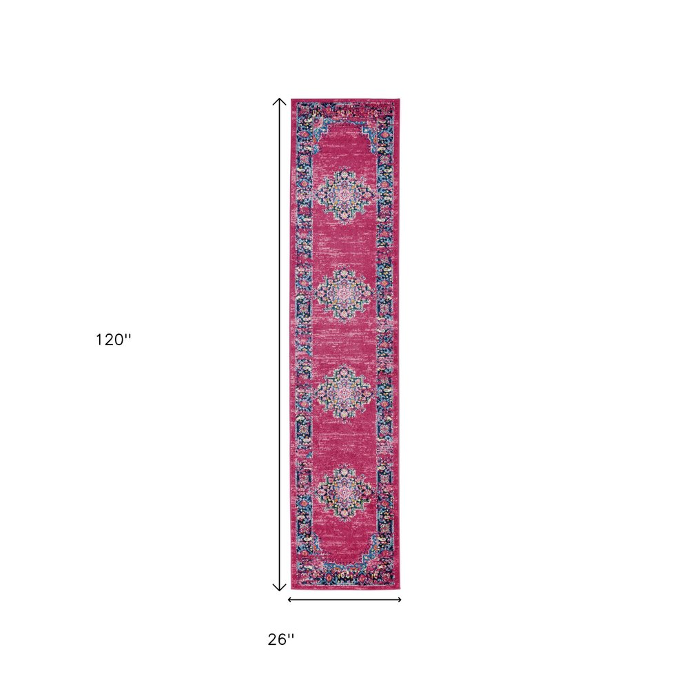 10' Fuchsia And Blue Oriental Distressed Runner Rug