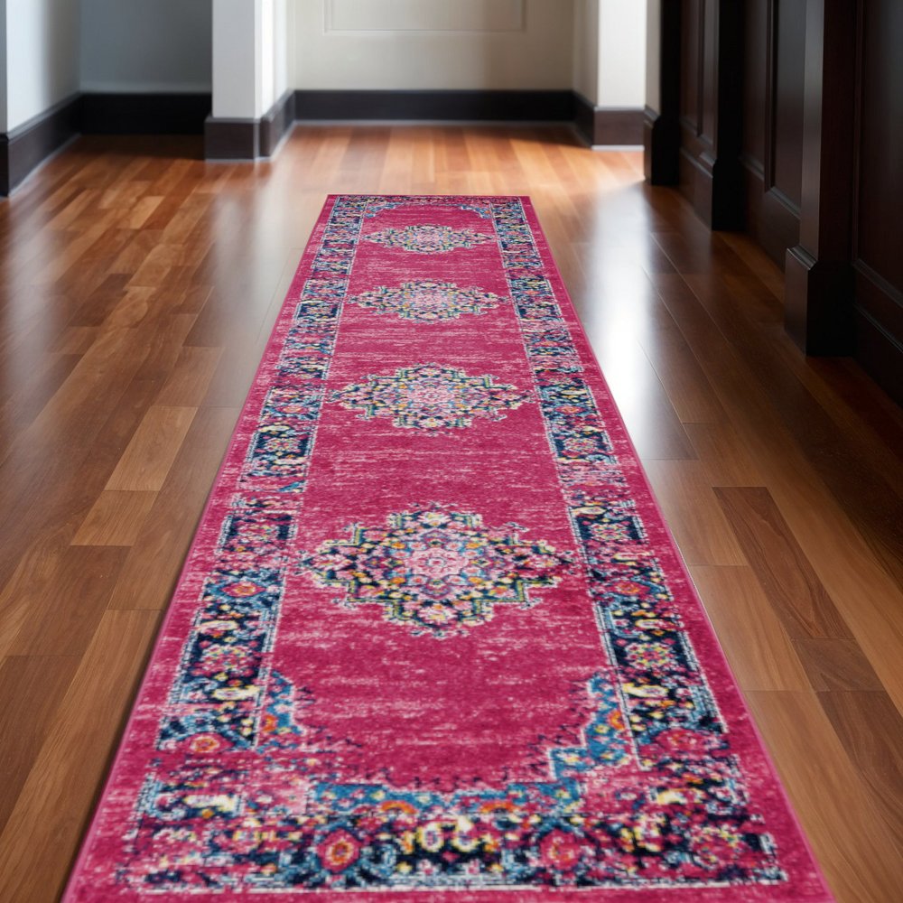 10' Fuchsia And Blue Oriental Distressed Runner Rug