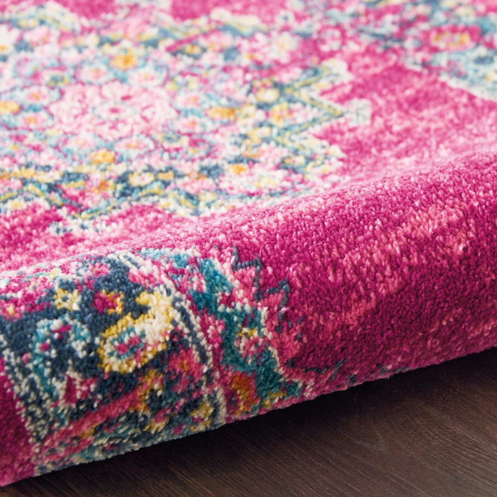10' Fuchsia And Blue Oriental Distressed Runner Rug