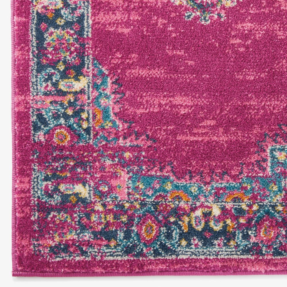 10' Fuchsia And Blue Oriental Distressed Runner Rug