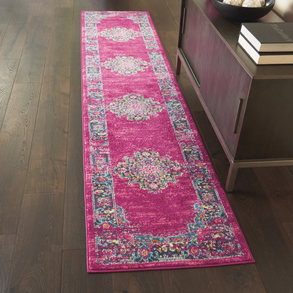 10' Fuchsia And Blue Oriental Distressed Runner Rug