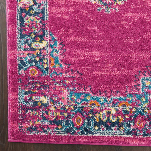 10' Fuchsia And Blue Oriental Distressed Runner Rug