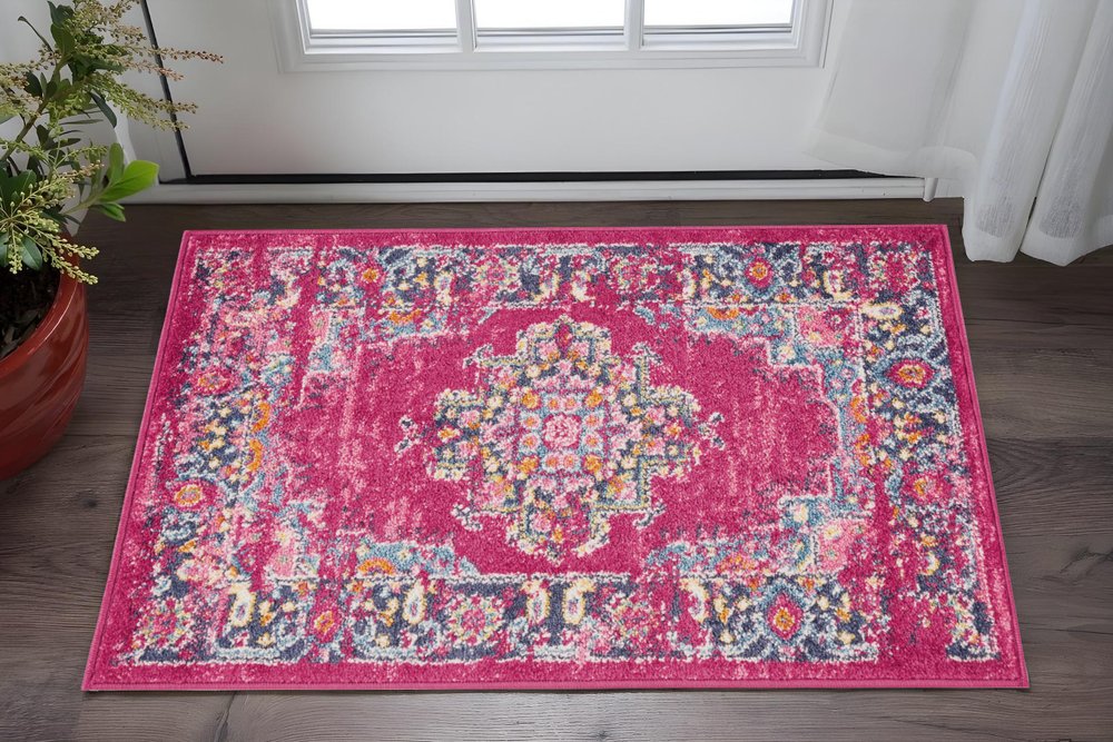 10' Fuchsia And Blue Oriental Distressed Runner Rug