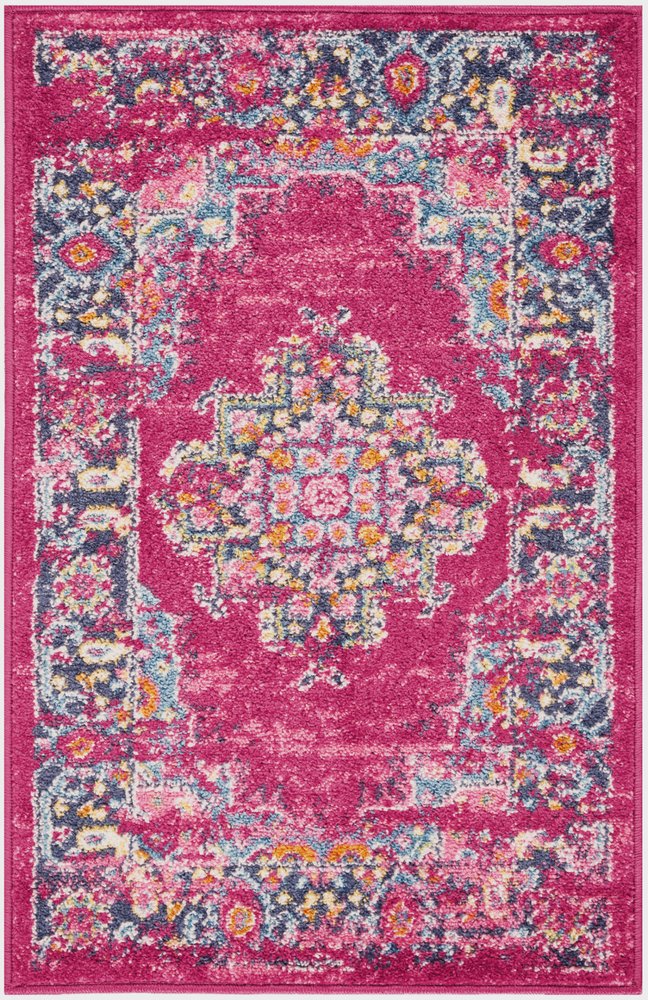 10' Fuchsia And Blue Oriental Distressed Runner Rug
