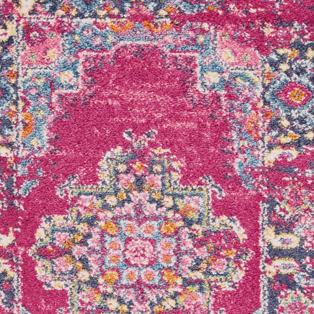 10' Fuchsia And Blue Oriental Distressed Runner Rug