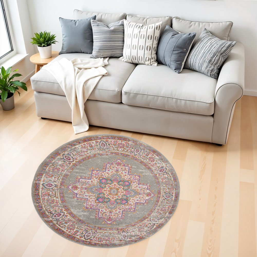 7' X 10' Gray And Gold Medallion Distressed Area Rug