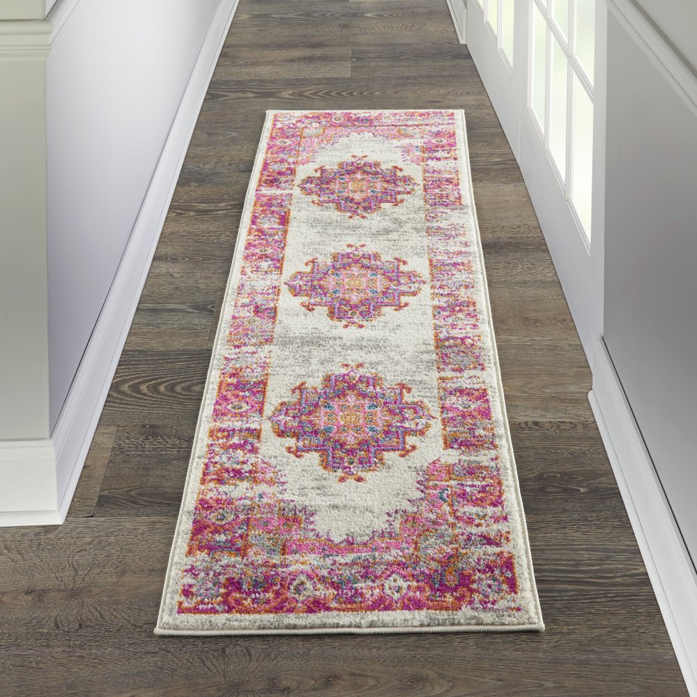 2' X 3' Ivory And Fuchsia Oriental Distressed Area Rug