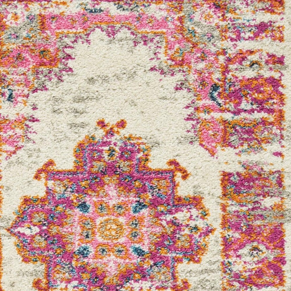 2' X 3' Ivory And Fuchsia Oriental Distressed Area Rug