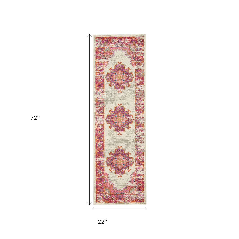 2' X 3' Ivory And Fuchsia Oriental Distressed Area Rug