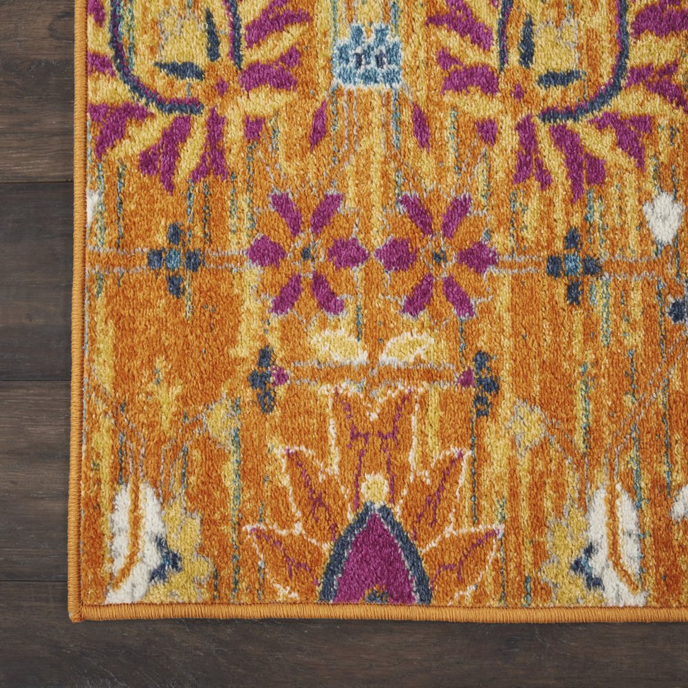 7' X 10' Blue And Orange Floral Distressed Area Rug