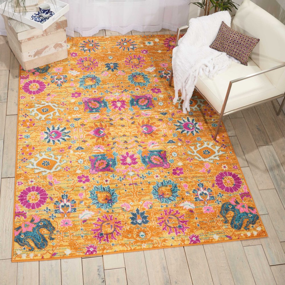 7' X 10' Blue And Orange Floral Distressed Area Rug