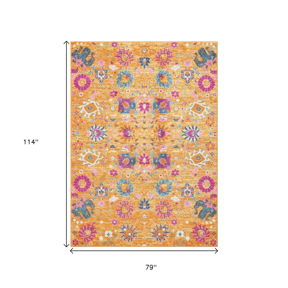 7' X 10' Blue And Orange Floral Distressed Area Rug