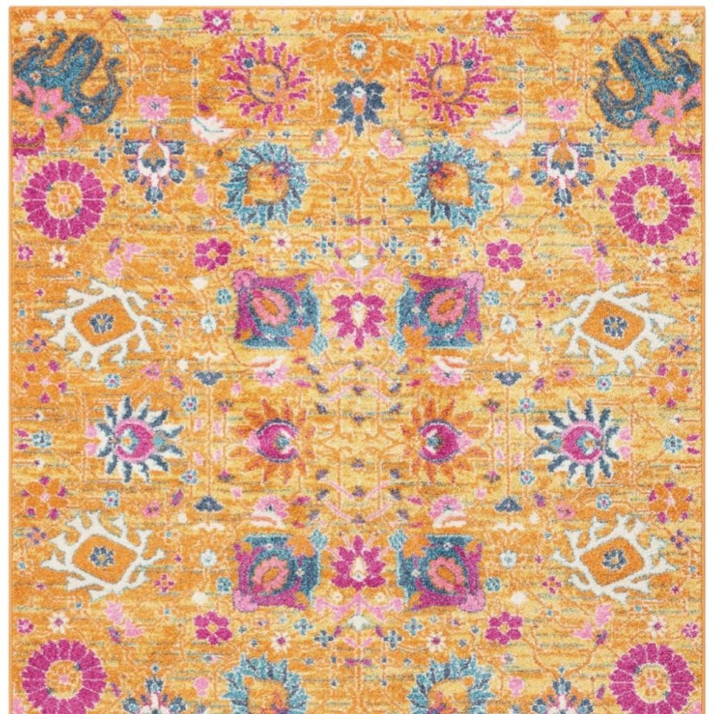 7' X 10' Blue And Orange Floral Distressed Area Rug