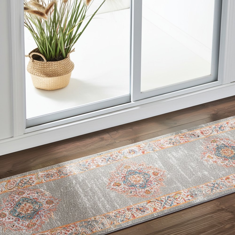 10' Gray And Gold Medallion Distressed Runner Rug