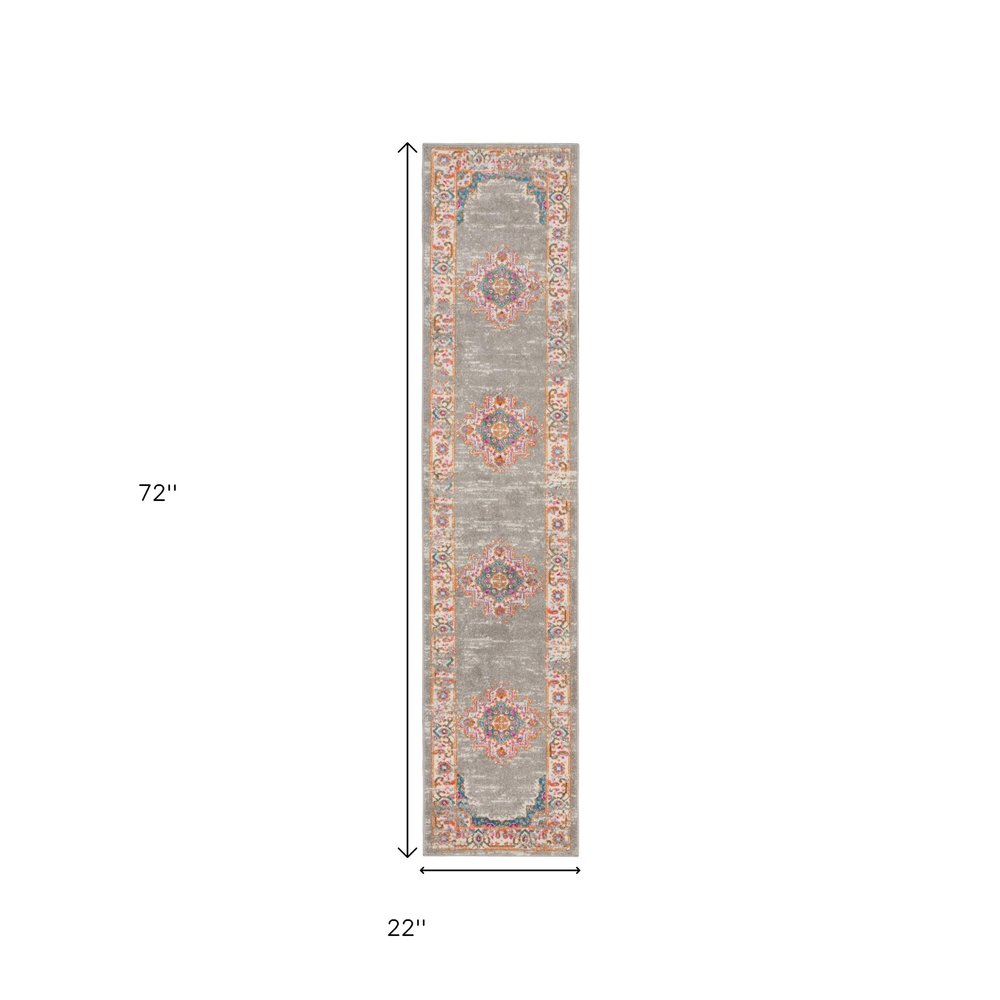 10' Gray And Gold Medallion Distressed Runner Rug