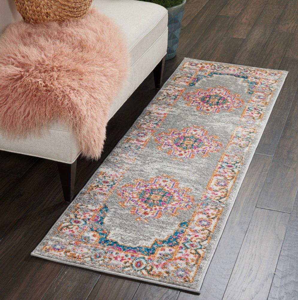 10' Gray And Gold Medallion Distressed Runner Rug