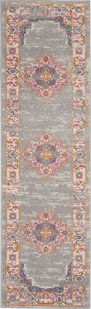 10' Gray And Gold Medallion Distressed Runner Rug