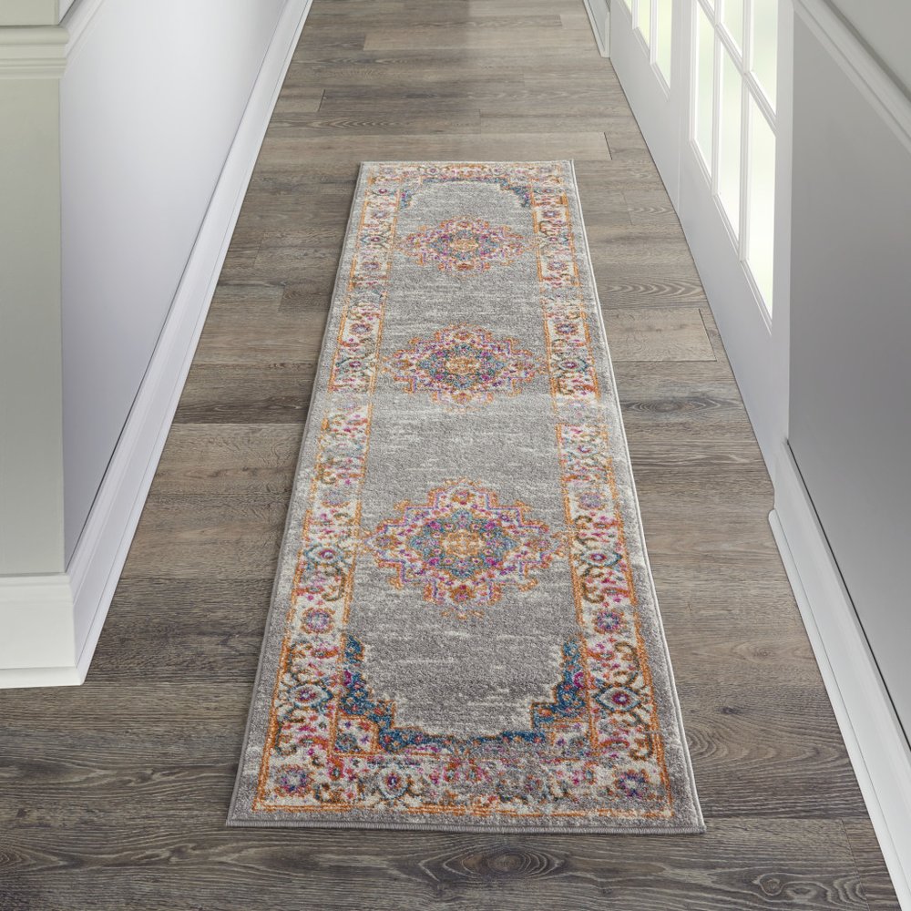 10' Gray And Gold Medallion Distressed Runner Rug