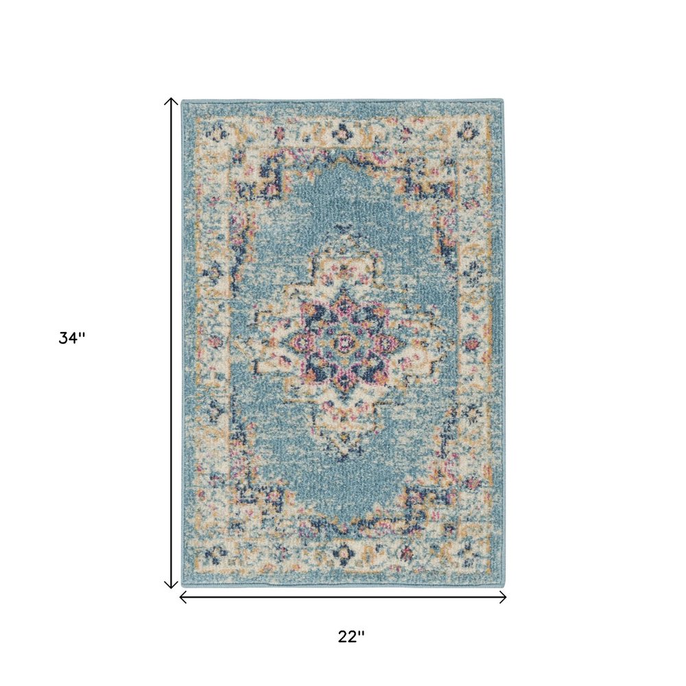 4' Blue And Ivory Southwestern Distressed Round Rug