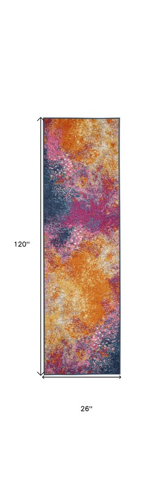 4' Blue And Orange Abstract Round Rug