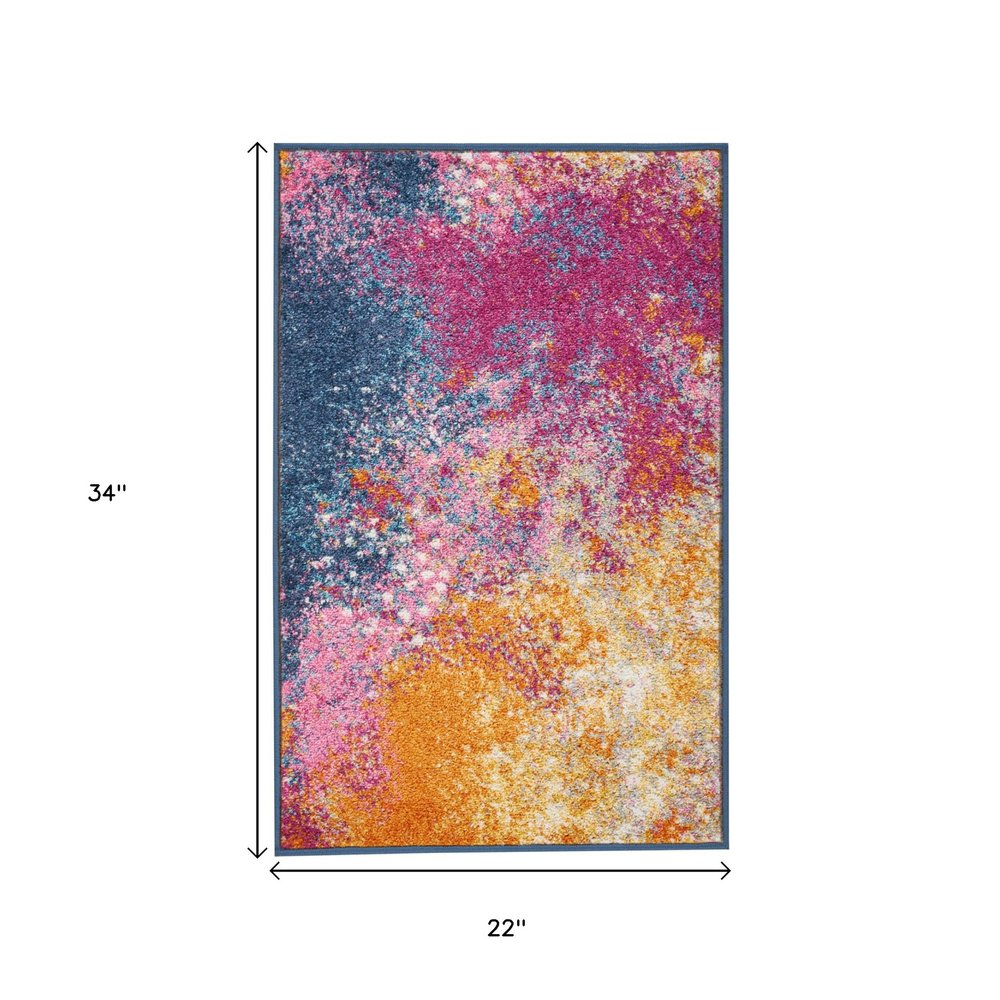 4' Blue And Orange Abstract Round Rug