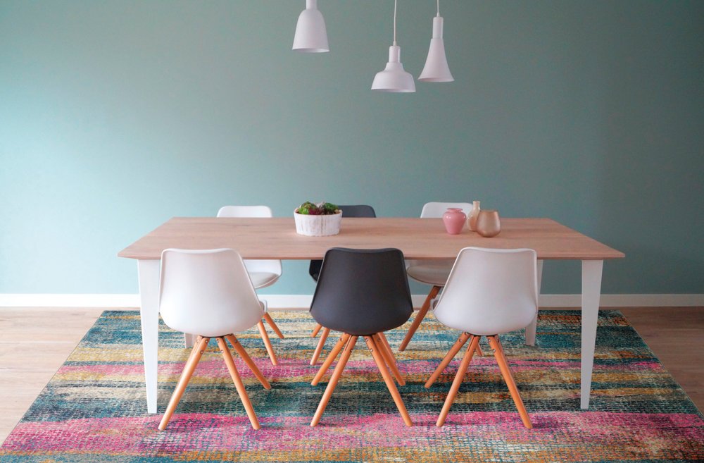 5' X 7' Blue Pink And Gold Abstract Distressed Area Rug