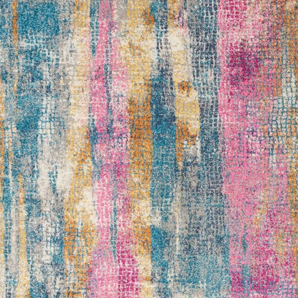 5' X 7' Blue Pink And Gold Abstract Distressed Area Rug