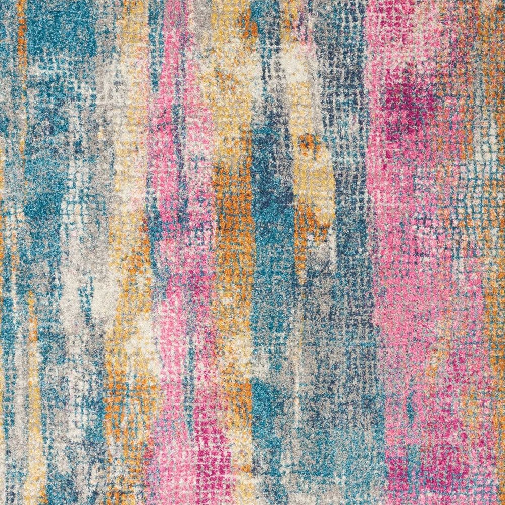 5' X 7' Blue Pink And Gold Abstract Distressed Area Rug