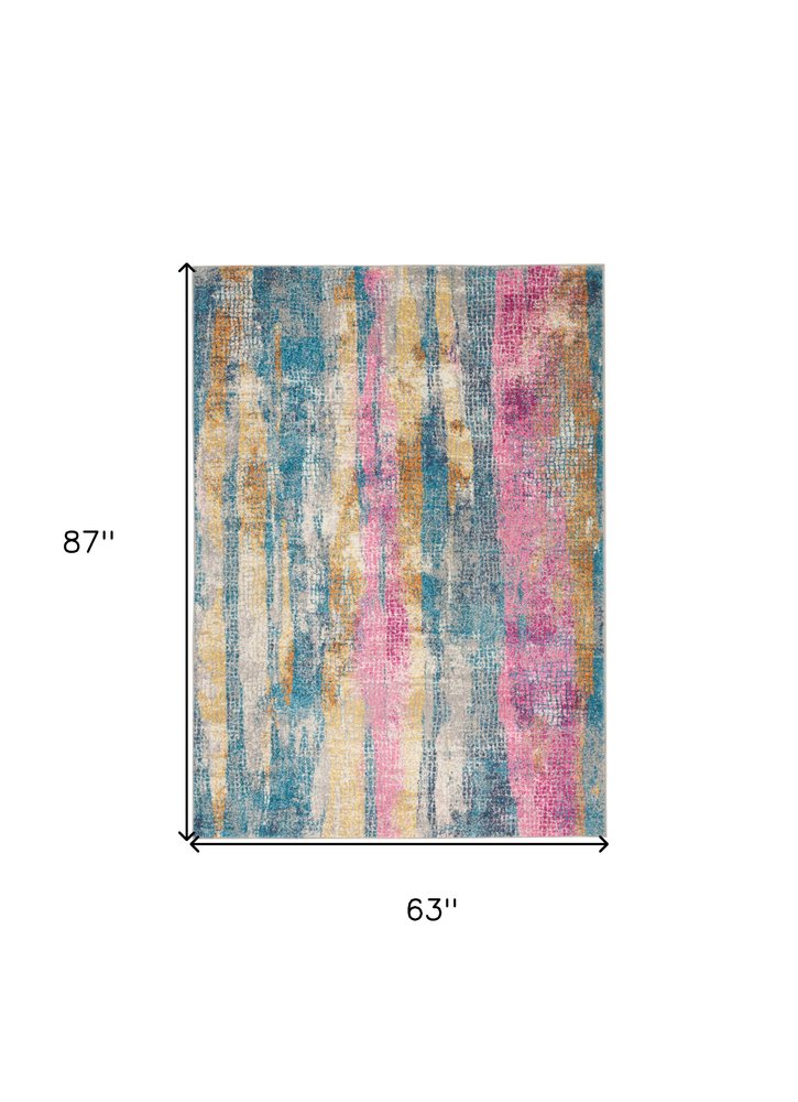 5' X 7' Blue Pink And Gold Abstract Distressed Area Rug