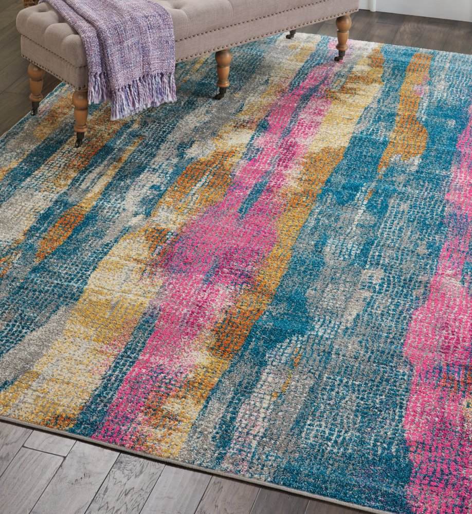 5' X 7' Blue Pink And Gold Abstract Distressed Area Rug
