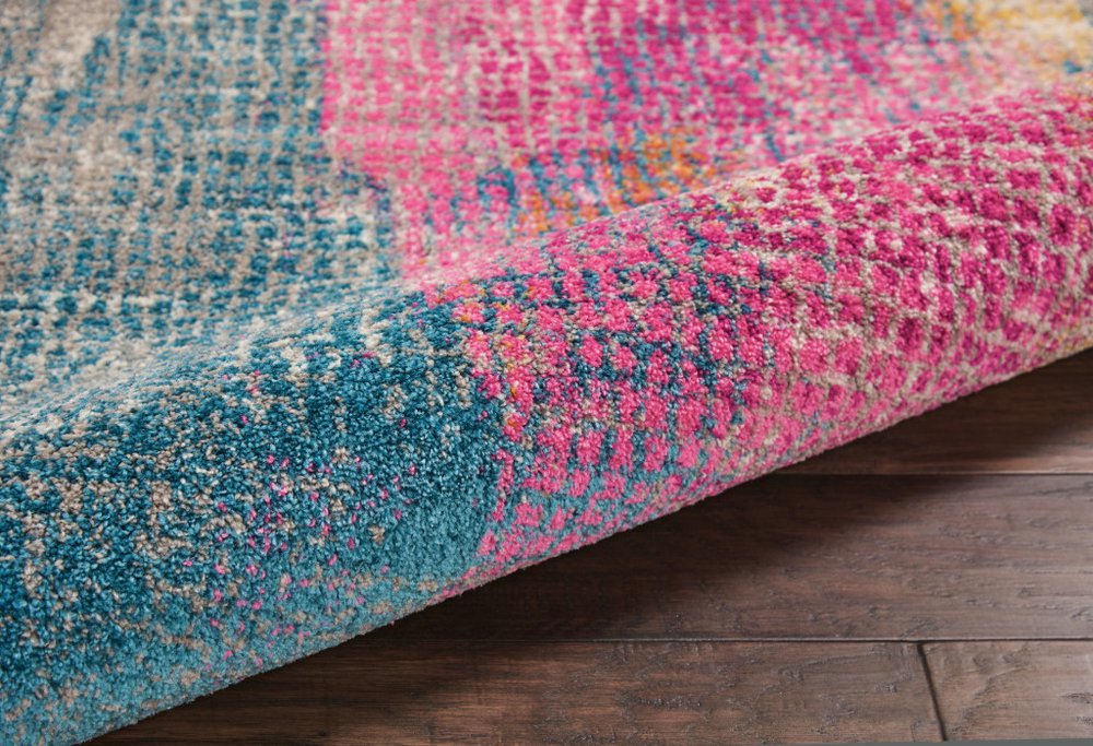 5' X 7' Blue Pink And Gold Abstract Distressed Area Rug