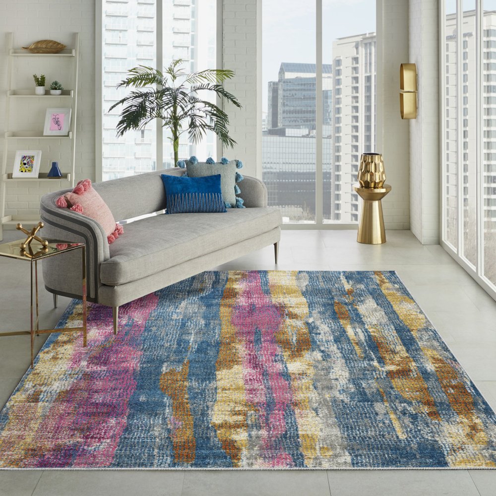 5' X 7' Blue Pink And Gold Abstract Distressed Area Rug