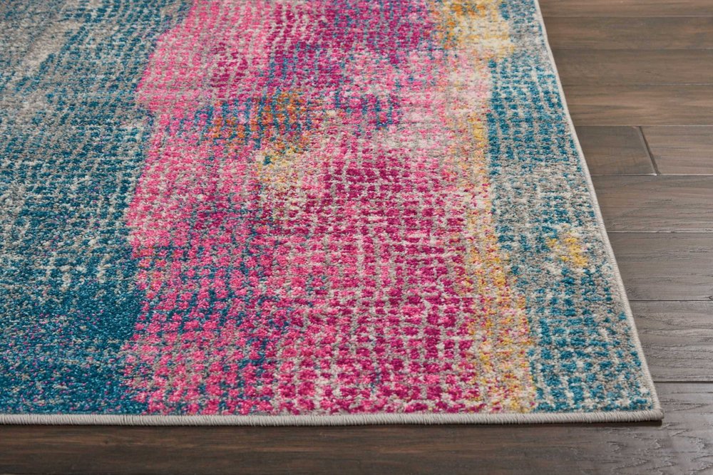 5' X 7' Blue Pink And Gold Abstract Distressed Area Rug