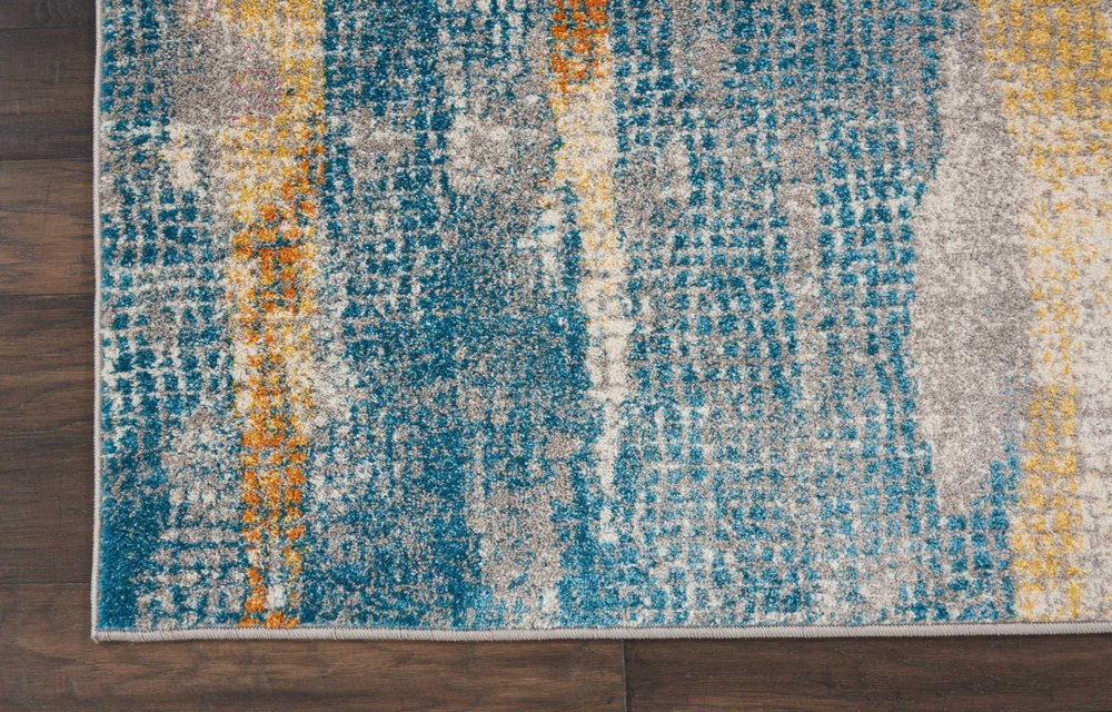 5' X 7' Blue Pink And Gold Abstract Distressed Area Rug