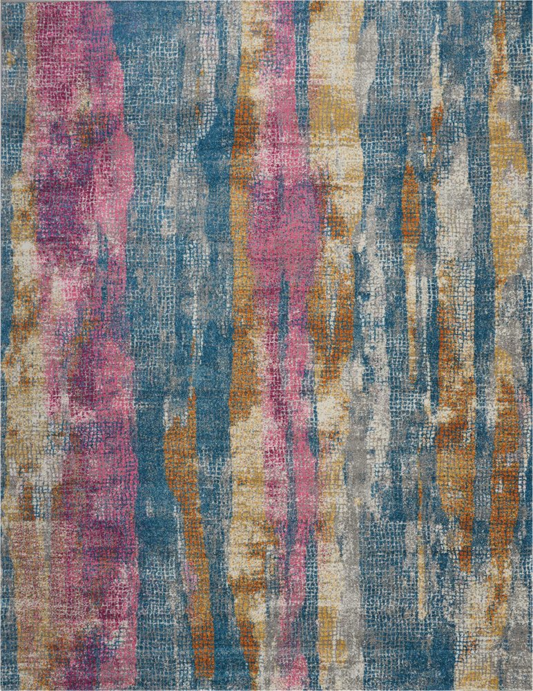 5' X 7' Blue Pink And Gold Abstract Distressed Area Rug